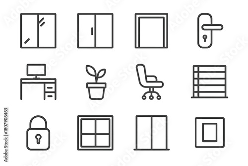 Office Partition Icons. Office partitions. Line icon set of office partitions: glass panel, sliding door, frame, handle, workstation, plant, chair, rail, lock,