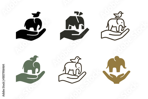 Ethical Travel Icons. Socially responsible travel. Icon set. Set Logo of socially responsible travel: ethical wildlife tourism. harmonious logo variations of