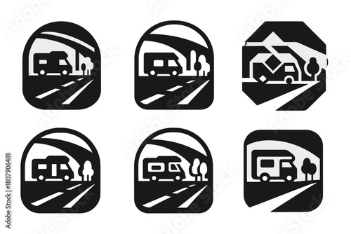 Highway Rest Stop Icons. Highway rest stop scene. Icon set. Set Logo of Highway rest stop scene: highway view with parked RV. harmonious logo variations of the