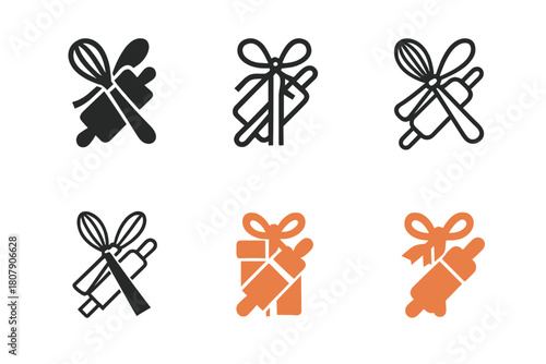 Hobby Gift Emblems. Hobby-related gifts. Icon set. Set Logo of Hobby-related gifts: baking whisk and rolling pin with gift ribbon. harmonious logo variations