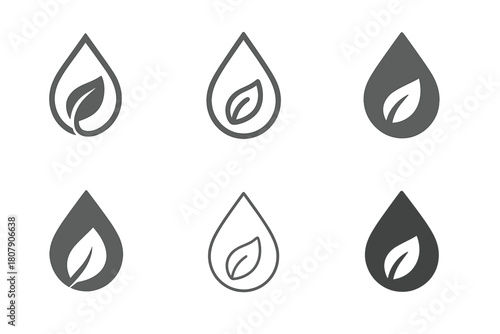 Eco Wash Icons. Laundry and clothing hygiene. Icon set. Set Logo of eco wash: water droplet with leaf inside. harmonious logo variations of the same emblematic