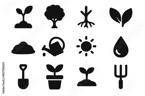 Tree Planting Icons. Tree Planting. Solid icon set of Tree Planting: sapling, tree, roots, leaves, soil mound, watering can, sun, water droplet, shovel, plant