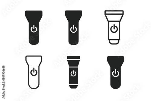 Flashlight Mechanism Logos. How a flashlight works. Icon set. Set Logo of switch mechanism: power button. harmonious logo variations of the same emblematic