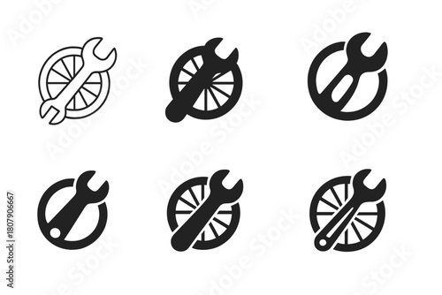 Bicycle Repair Icons. fixing a bicycle. Icon set. Set Logo of fixing a bicycle: oiling the bike chain. harmonious logo variations of the same emblematic