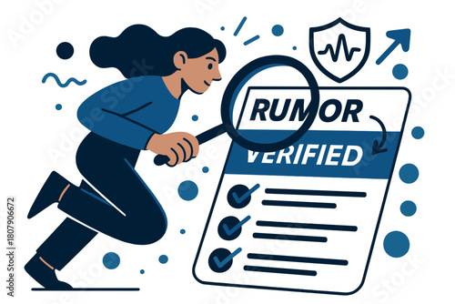 Verified Headlines. Fact-checking desk. A magnifier slides over headlines to flip ?Rumor > Verified?; checkmarks ping along a tidy list. A small shield icon