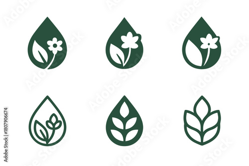 Natural Ingredients Logos. Handmade candles and soap making. Icon set. Set Logo of natural ingredients: leaf and flower combined with droplet. harmonious logo