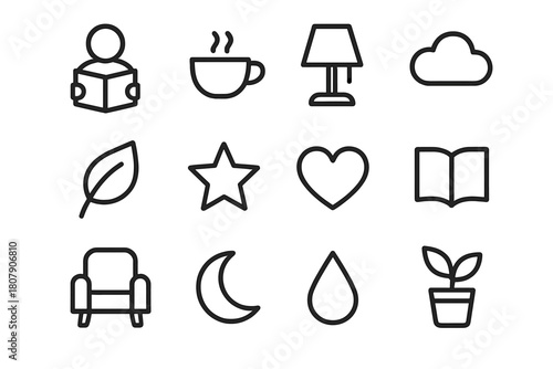 Quiet Icon Collection. Quiet Moment. Line icon set of Quiet Moment: person reading, cup, lamp, cloud, leaf, star, heart, book, chair, moon, droplet, plant. All
