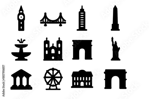 City Landmark Icons. City landmarks. Solid icon set of City landmarks: clock tower, bridge, skyscraper, monument, fountain, cathedral, city gate, statue,