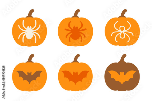 Pumpkin Carving Logos. Carving pumpkins. Icon set. Set Logo of Carving pumpkins: Pumpkin seeds. harmonious logo variations of the same emblematic concept (Flat