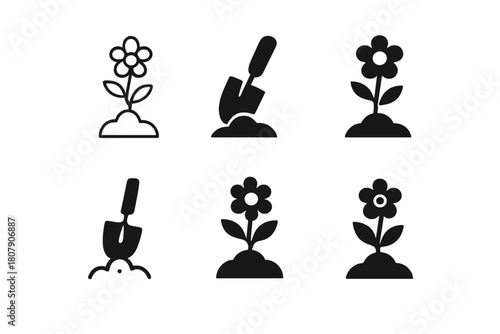 Flower Planting Icons. Planting flowers. Icon set. Set Logo of Planting flowers: Sun above flowers. harmonious logo variations of the same emblematic concept,