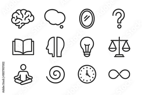 Philosophy Icon Set. Philosophy of mind. Line icon set of philosophy of mind: brain, thought bubble, mirror, question mark, book, human head split, light bulb,