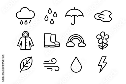 Spring Rain Icons. Spring rain. Line icon set of Spring rain: cloud, raindrops, umbrella, puddle, raincoat, boots, rainbow, flower, leaf, wind, water droplet,