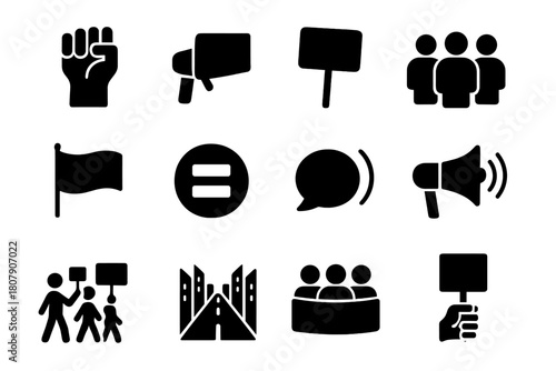 Political Protest Icons. Political protest. Solid icon set of Political protest: raised fist, megaphone, protest sign, crowd, flag wave, equality symbol, chant