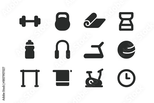 Home Fitness Icons. Home fitness. Solid icon set of Home fitness: dumbbell, kettlebell, yoga mat, resistance band, water bottle, jump rope, treadmill, yoga