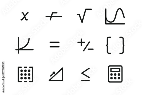 Algebra Icon Set. Algebra formulas. Line icon set of algebra formulas: variable x, equation line, square root, polynomial curve, function graph, equals sign,