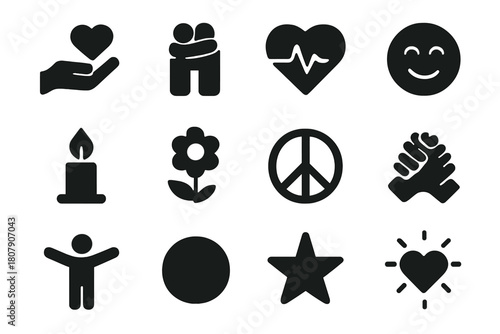 Compassion Icons. Compassion and Care. Solid icon set of Compassion and Care: hand on heart, hug, heart pulse, smiling face, candle flame, flower, peace