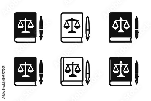 Justice Emblem Variations. Courtroom settings and legal proceedings. Icon set. Set Logo of justice: courthouse facade. harmonious logo variations of the same