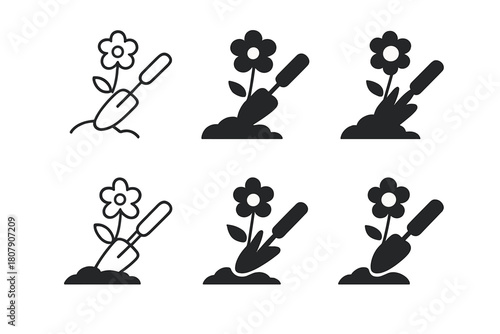 Flower Planting Icons. Planting flowers. Icon set. Set Logo of Planting flowers: Sun above flowers. harmonious logo variations of the same emblematic concept,