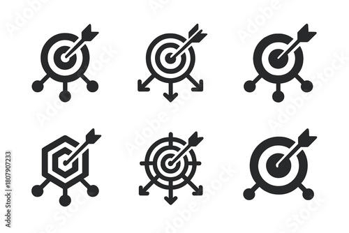 Career Networking Logos. A professional participating in a networking event to grow their career. Icon set. Set Logo of goal achievement: target with connected