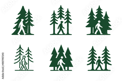 Tranquil Nature Walk Logos. Nature walks in unspoiled environments. Icon set. Set Logo of tranquility: person walking under tall pine trees. harmonious logo