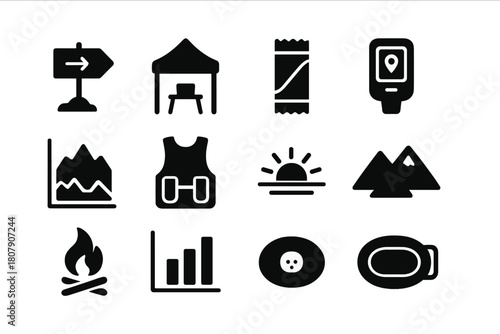 Ultra Marathon Icons. Ultra Marathon. Solid icon set of Ultra Marathon: trailhead sign, checkpoint tent, energy bar, GPS tracker, elevation graph, hydration