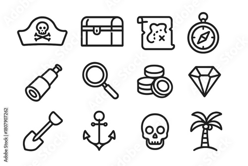 Pirate Icon Set. Pirate treasure hunt. Line icon set of pirate treasure hunt: pirate hat, treasure chest, map, compass, telescope, magnifying glass, gold