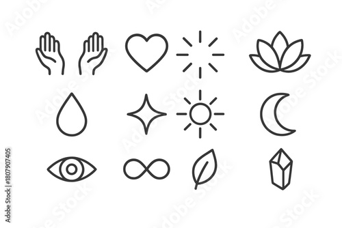Healing Symbols Collection. Healing energy. Line icon set of healing energy: hands, heart, light rays, lotus flower, water droplet, star, sun, moon, eye,