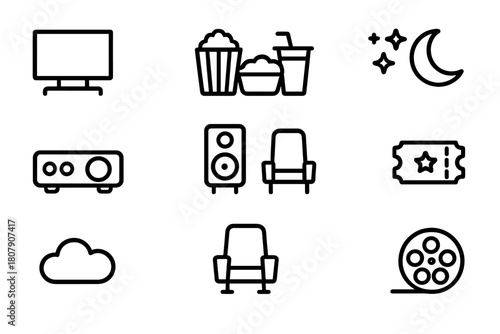 Nighttime Entertainment Icons Set. Nighttime Entertainment. Line icon set of Nighttime Entertainment: screen, car, popcorn, soda, moon, stars, projector,