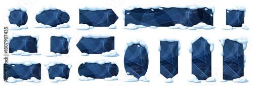 Set of icicle-covered rock platforms with snow caps