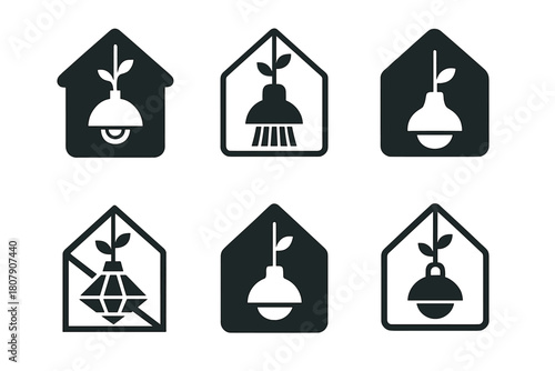 Sustainable Decor Icons. Incorporating Sustainable Materials in Home Decor. Icon set. Set Logo of Sustainable Home Decor: reclaimed wood table. harmonious logo