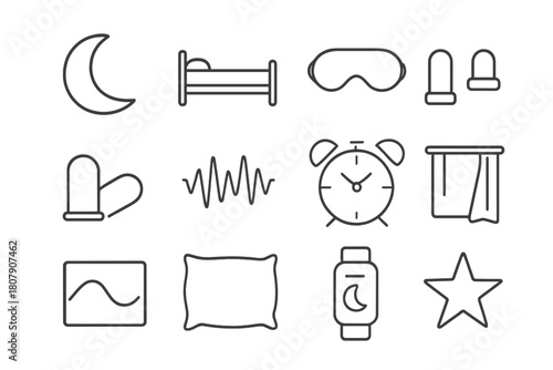 Sleep Icon Set. Sleep and Rest. Line icon set of Sleep and Rest: pillow, bed, sleeping face, moon, stars, eye mask, blanket, clock, night lamp, slippers, dream