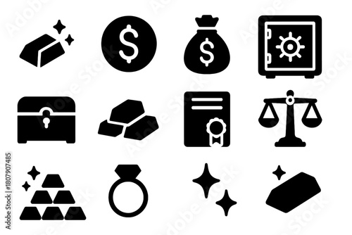 Gold Economy Icons. Gold economy. Solid icon set of Gold economy: gold bar, coin, money bag, vault, safe, treasure chest, stack, certificate, scale, bullion,