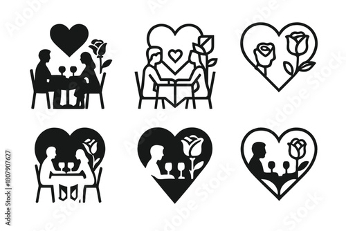 Romantic Logo Variations. Anniversaries and milestone moments in relationships. Icon set. Set Logo of romantic moment: champagne glasses clinking. harmonious