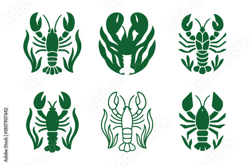 Lobster Logo Variations. Lobster. Icon set. Set Logo of Lobster: Lobster tail. harmonious logo variations of the same emblematic concept, each with different