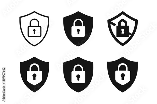 Cybersecurity Icon Set. Cybercrime prevention. Solid icon set of Cybercrime prevention: police shield, computer screen, hacker mask, firewall, password pad,