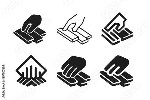 Wood Flooring Icons. Laying down wooden floorboards. Icon set. Set Logo of laying down wooden floorboards: tongue and groove joints. harmonious logo variations