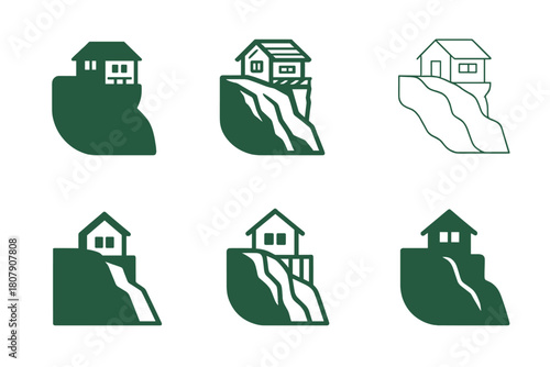 Eco-Lodge Icon Set. Themed eco-lodges and off-grid retreats. Icon set. Set Logo of themed eco-lodges and off-grid retreats: cliffside retreat cabin. harmonious