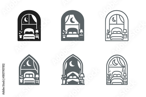 Serene Bedroom Logos. A peaceful bedroom with soft, calming colors and scents. Icon set. Set Logo of peaceful bedroom: window with moonlight casting gentle