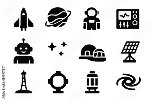 Future Space Icons. Future space travel. Solid icon set of Future space travel: spaceship, planet, astronaut, control console, AI robot, starfield, moon base,