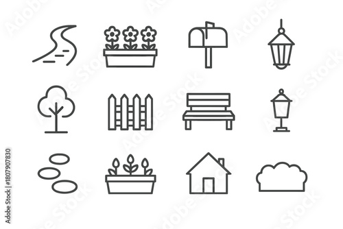 Front Yard Icon Set. Front yard charm. Line icon set of front yard charm: pathway, flower bed, mailbox, porch light, tree, fence, bench, lantern, stepping