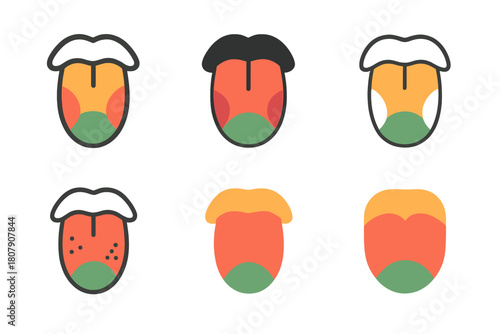 Taste Sensation Icons. How we taste food. Icon set. Set Logo of how we taste food: brain and tongue connection. harmonious logo variations of the