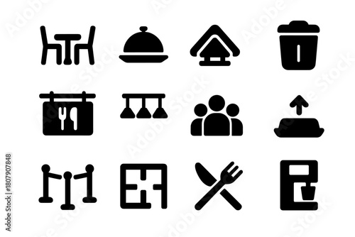 Dining Area Icons. Dining area. Solid icon set of Dining area: table and chairs, tray, napkin holder, trash bin, food court sign, ceiling lights, crowd