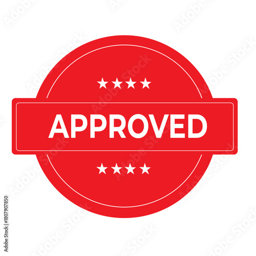 approved stamp badge, red verified label icon for confirmation, acceptance and authentication