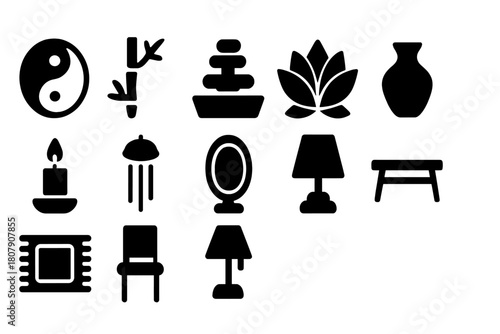 Feng Shui Icons. Feng Shui decor. Solid icon set of Feng Shui decor: water fountain, yin yang, bamboo plant, candle, lotus flower, wind chime, mirror, vase,