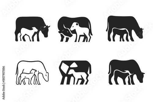 Farm Life Icons. Family farm life and traditional agricultural practices. Icon set. Set Logo of livestock care: cow and calf silhouettes. harmonious logo
