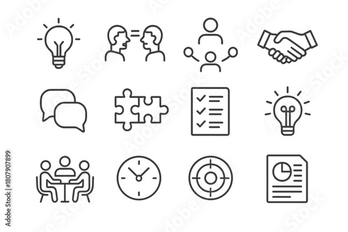 Problem-Solving Icons. Problem-solving workflow. Line icon set of Problem-solving workflow: puzzle pieces, lightbulb, two people arguing, handshake, mediator,