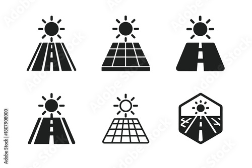 Solar Road Logos. Energy harvesting roads. Icon set. Set Logo of energy harvesting roads: solar roadway panel. harmonious logo variations of the same