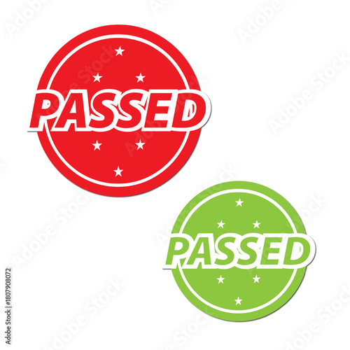 passed approval stamp set, red and green certification badges, quality check labels, verified round icons vector illustration EPS