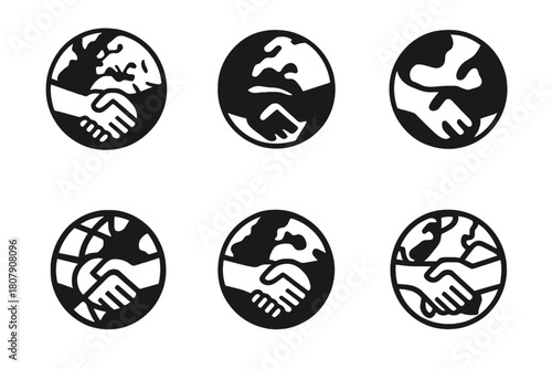 Unity Across Continents. International sticker. Icon set. Set Logo of International sticker: handshake across continents. harmonious logo variations of the