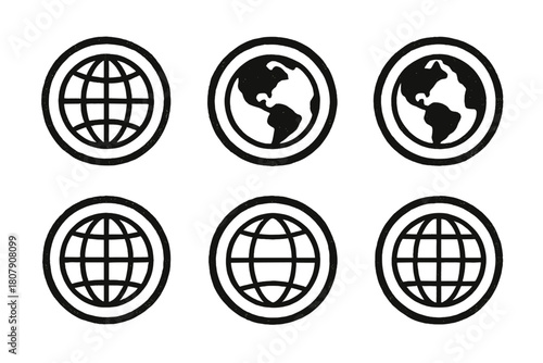 Global Postage Emblems. Postmark ink. Icon set. Set Logo of global postage: Earth with postal stamp ring. harmonious logo variations of the same emblematic